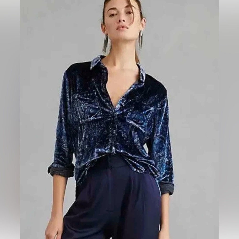 Anthropologie Pilcro Mara Relaxed Velvet Button Down Shirt - Blue Motif